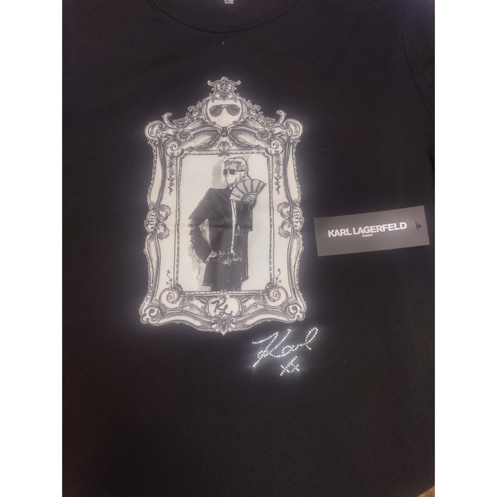 Karl Lagerfeld Paris Womens Graphic T-Shirt Black Rhinestone L5UHCA54 XL - Picture 7 of 7